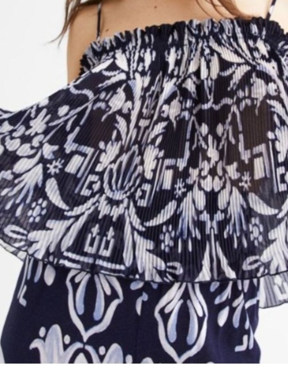 White Pleated Off-Shoulder Floral Top